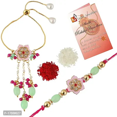 Lucky Jewellery Designer Gold-Plated Pink Color Meena MagentaPink Thread Rakhi-Rakshabandhan Rakhee-thumb2