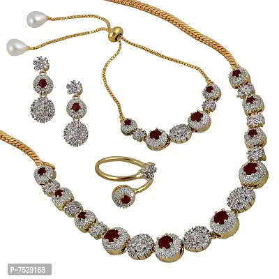 Lucky Jewellery 18K Gold Plated White and Ruby Color Pearl American Diamond Combo Gift Pendant Set,Earrings,Bracelet,Chain  Ring for Girls  Women (630-P4SA-1511-M)