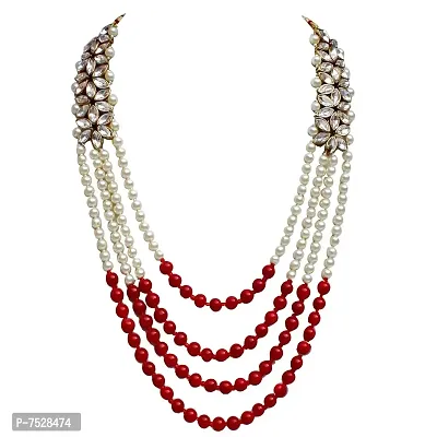 Lucky Jewellery Designer Maroon Color Four Line Pearl Maharaja Haar with Stone Dulha Necklace Groom Moti Mala for Men