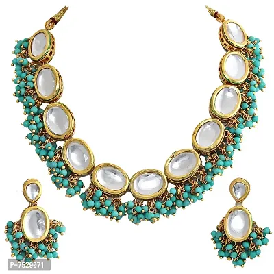 JEWEL21 18K Gold Plated Firozi Color Kundan Stone/Uncut Kundan/Dibbi Kundan/Meena Kundan/Lucknow Kundan Necklace Set for Girls  Women (1000-J5SK-1607-F)-thumb0