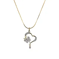 Lucky Jewellery 18K Gold Plated American Diamond (AD) Heart and Butterfly Shape Pendant with Earring and Chain for Girls and Women (109-P4L1A-1528)-thumb1