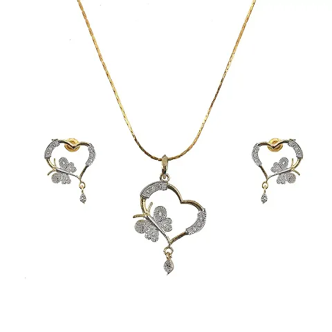 JEWEL21 18K Plated American Diamond (AD) Heart and Butterfly Shape Pendant with Earring and Chain for Girls and Women