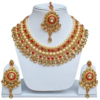 Lucky Jewellery Designer Golden Red Color Gold Plated Pearl and Stone Necklace Set for Girls  Women (727-ISS-819-G-LCT-RED)-thumb1