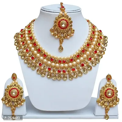 Lucky Jewellery Designer Golden Red Color Gold Plated Pearl and Stone Necklace Set for Girls  Women (727-ISS-819-G-LCT-RED)-thumb2