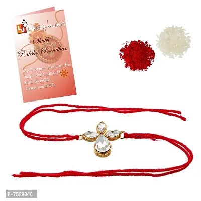 Lucky Jewellery Designer Fancy Traditional Rakhi Gold Plated Red Thread for Bro/Brother/Bhaiya/Bhai/Bhabhi (Pack of 1) Rakshabandan Rakhe White Stone Rakhee Bracelet Rakshasutra