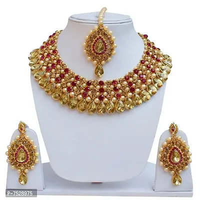 Lucky Jewellery Stunning Magenta Color Stone Gold Plated Necklace Set for Girls  Women (726-ISS-823-G-LCT-R)-thumb2