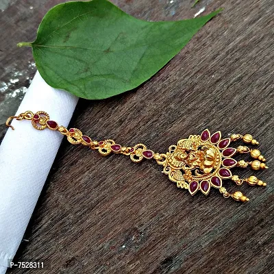 Lucky Jewellery Traditional Copper Finish Gold Plated Maroon Color Temple Religious Jewelry Goddess Laxmi Maang Tikka for Girls  Women (119-K2QT1-1589-M)-thumb3