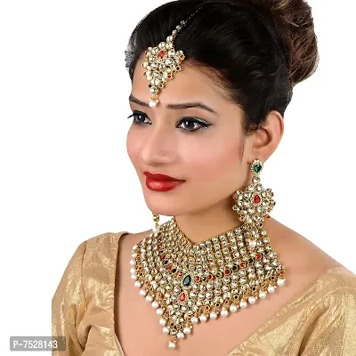 Lucky Jewellery Red Green Semi Bridal Dulhan Dulhan Wedding  Engagement Necklace Set with Mang Tikka (1815-L1SS-KD124-RED-G)-thumb2
