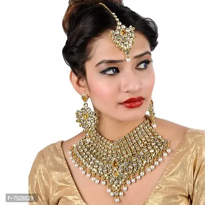 Lucky Jewellery LCT White Bridal Dulhan Dulhan Wedding  Engagement Necklace Set with Mang Tikka Best for Bride Gold White in Color (1815-L1SS-KD124-LCT-W-MOD)