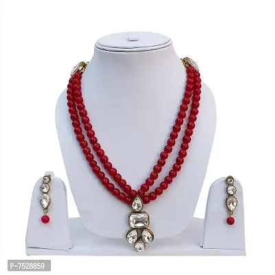 Lucky Jewellery Maroon Studded with Kundan and Sparkling Stones 2 Layered Red Beads Pearl Stud White Stone Necklace  Earring Set for Women (545-PSM-P215-M)