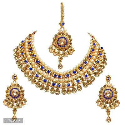 Lucky Jewellery Designer Blue Color Gold Plated Pearl and Stone Necklace Set for Girls  Women (727-ISS-819-G-LCT-B)