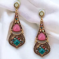 Lucky Jewellery Designer Black Metal Oxidised Gold Bohemian Design Pink Color Dangle Hanging Earring For Girls  Women (150-CHEO-1257-PK)-thumb1