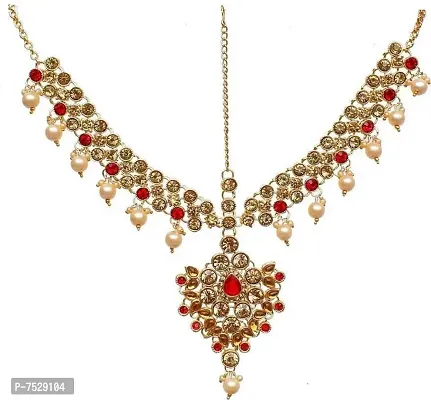 LUCKY JEWELLERY 18K Gold Plated Bridal Dulhan Mangtika Kundan Stone Gold Red Color for Girls and Women (330-L1PS-KD124-LCT-RED)