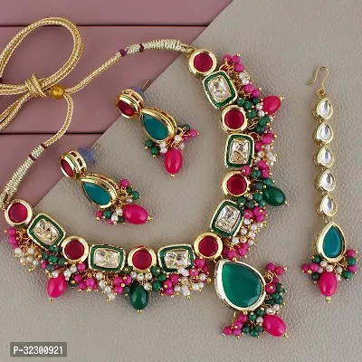 Lucky Jewellery Meenakari 18k Gold Plated Multi Color Tika Earring Combo Uncut Big Faux Kundan Choker Necklace set (911-J5SK-1817-RG)