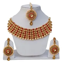 Lucky Jewellery Elegant Golden Red Color Gold Plated Pearl and Stone Necklace Set for Girls  Women (726-ISP-816-G-LCT-RED)-thumb1