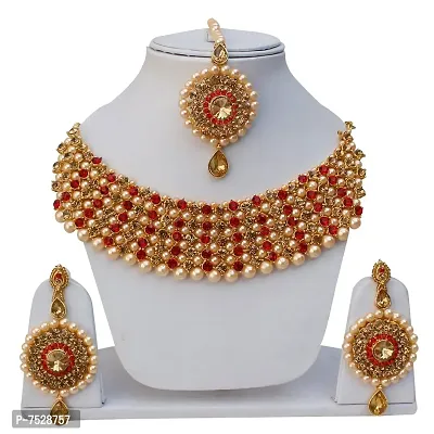 Lucky Jewellery Elegant Golden Red Color Gold Plated Pearl and Stone Necklace Set for Girls  Women (726-ISP-816-G-LCT-RED)-thumb2