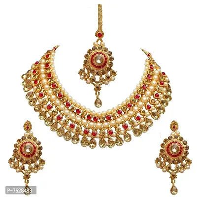 Lucky Jewellery Designer Golden Red Color Gold Plated Pearl and Stone Necklace Set for Girls  Women (727-ISS-819-G-LCT-RED)