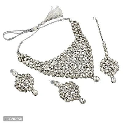 LUCKY JEWELLERY Designer Silver Plated White Color Stone Necklace Set For Women  Girls (908-L1SS-836-W-S)-thumb3