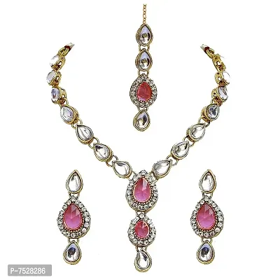 Lucky Jewellery Alloy 1-Line Pink Kundan Set for Women-thumb0