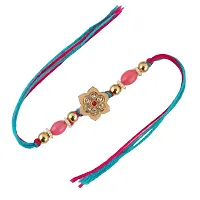 Lucky Jewellery Gold-Plated Peach Color Meena MagentaFeroozi Thread Rakhi-Rakshabandhan Rakhee-thumb3