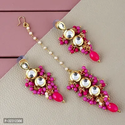 LUCKY JEWELLERY Back Meenakari 18k Gold Plated Magenta Color Tika Earring Combo Uncut Big Faux Kundan Choker Necklace set (926-J5SK-1810-R)-thumb5