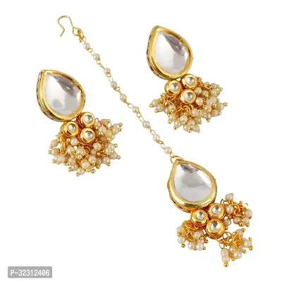 LUCKY JEWELLERY Back Meenakari 18k Gold Plated White Color Tika Earring Combo Uncut Big Faux Kundan Choker Necklace set (1122-J5SK-1698-W)-thumb4