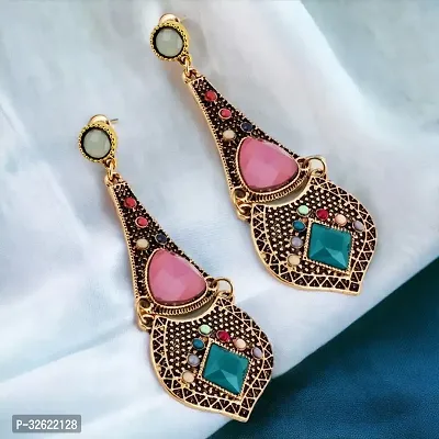 Lucky Jewellery Designer Black Metal Oxidised Gold Bohemian Design Pink Color Dangle Hanging Earring For Girls  Women (150-CHEO-1257-PK)-thumb0