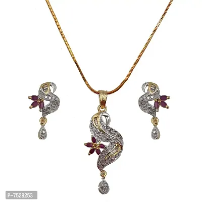 Lucky Jewellery 18K Gold Plated American Diamond (AD) White and Ruby Color Peacock Shape Pendant with Earring and Chain for Girls and Women (393-U3L1A-1266-R)