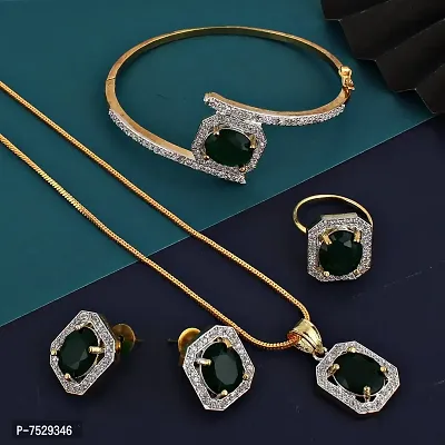 JEWEL21 18K Gold Plated American Diamond (AD) Green Color Combo Pendant Set with Earring, Bracelet,  Ring for Girls  Women (624-k5sa-882-g)-thumb2