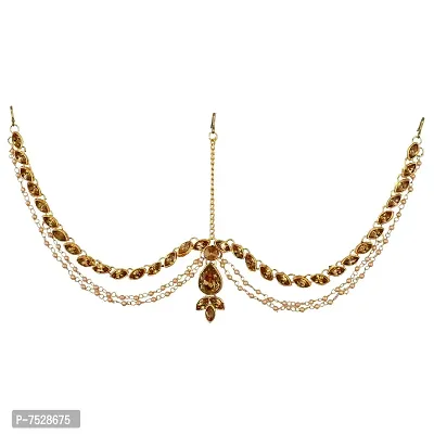 Lucky Jewellery Designer Gold Plated LCT Gold Color Moti Pearl Maang Tikka Damini Kundan Stone Wedding Mathapatti for Girls  Women (248-L1PS-28-LCT)