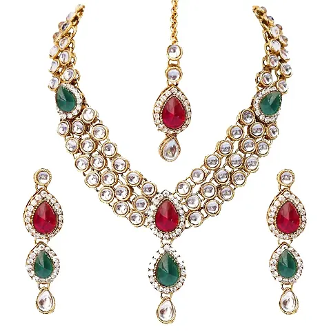 Partywear Alloy Kundan Necklace and Earrings with Maangtika Set