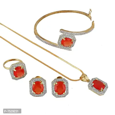 JEWEL21 18K Gold Plated American Diamond (AD) Red Color Combo Pendant Set with Earring, Bracelet,  Ring for Girls  Women (624-k5sa-882-red)