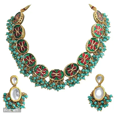 JEWEL21 18K Gold Plated Firozi Color Kundan Stone/Uncut Kundan/Dibbi Kundan/Meena Kundan/Lucknow Kundan Necklace Set for Girls  Women (1000-J5SK-1607-F)-thumb2