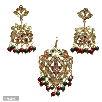 Lucky Jewellery Designer Multi Color Gold Plated Navratan Pendant Set Without Chain for Women  Girls (375-CL1N-C332-MT)