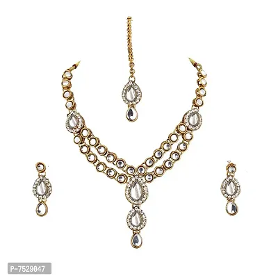 Lucky Jewellery Designer White Color Stone Kundan Double Locket Necklace Set with Earring and Tikka for Girls  Women