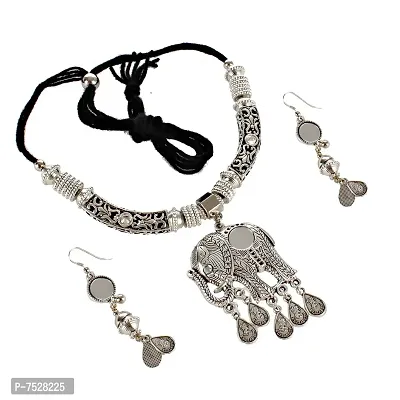 Lucky Jewellery Oxidised Boho Garba Silver Plated Jewelry Fancy Navratri Dandia Multi Strand Jewellery Double Layer Set with Matching Earring for Women (270-M5SO-983-S)-thumb0