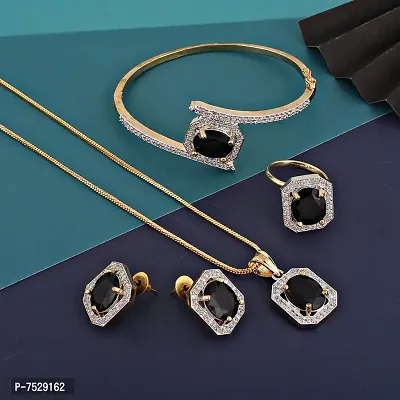 JEWEL21 18K Gold Plated American Diamond (AD) Black Color Combo Pendant Set with Earring, Bracelet,  Ring for Girls  Women (624-k5sa-882-bl)-thumb2