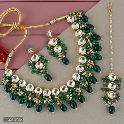 LUCKY JEWELLERY Back Meenakari 18k Gold Plated Green Color Tika Earring Combo Uncut Big Faux Kundan Choker Necklace set (926-J5SK-1810-G)