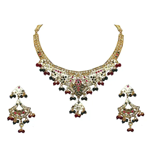 Lucky Jewellery Designer Color Plated Navratan Necklace Set for Girls Women (1155-CSN-C249-RG)