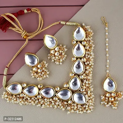 LUCKY JEWELLERY Back Meenakari 18k Gold Plated White Color Tika Earring Combo Uncut Big Faux Kundan Choker Necklace set (1122-J5SK-1698-W)-thumb0