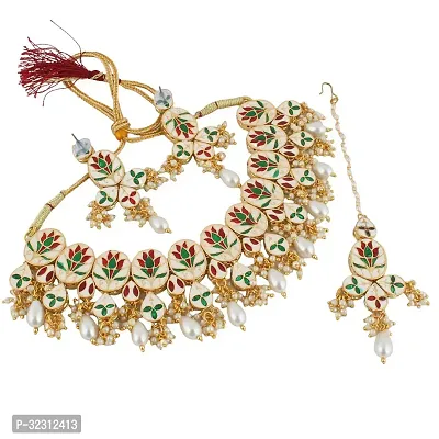 LUCKY JEWELLERY Back Meenakari 18k Gold Plated White Color Tika Earring Combo Uncut Big Faux Kundan Choker Necklace set (1425-J5SK-1631-W)-thumb2