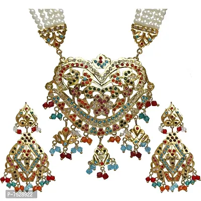 Lucky Jewellery Designer Multi Color Gold Plated Navratan Necklace with Earring for Girls  Women (1650-CGN-C441-MT)