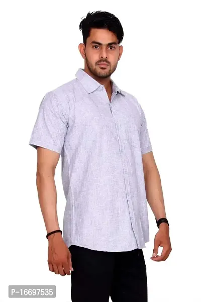 Affray Men's Regular Fit Plain Linen Cotton Casual  Formal Half Sleeve Shirt-thumb2
