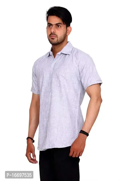 Affray Men's Regular Fit Plain Linen Cotton Casual  Formal Half Sleeve Shirt-thumb3