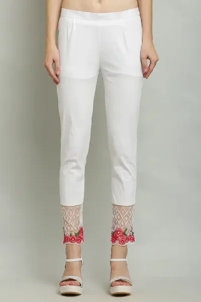 Women Regular Fit White Pure Cotton Trendy Trousers