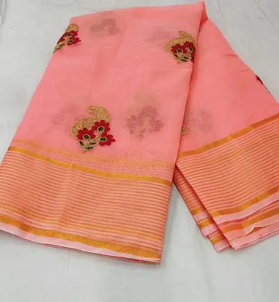 Beautiful Cotton Blend Embroidered Saree with Blouse piece