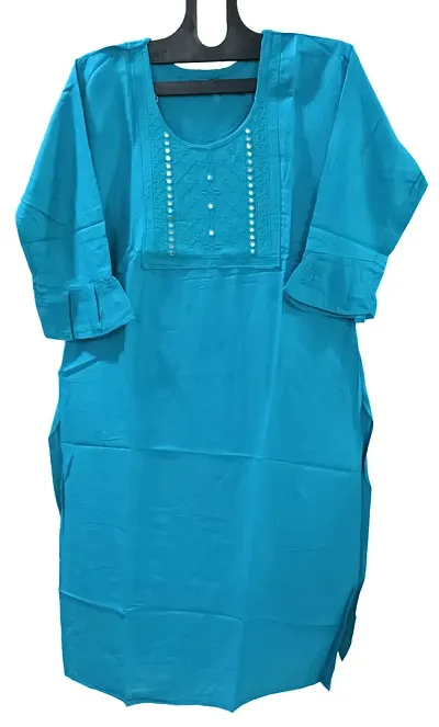 Ethnic Designer Embroidered Neck Work Rayon Kurti for Girls Women(Blue)