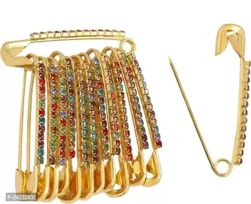 Golden Stones Saree Pin Hijab Design Safety Pins for womens Brooch (Gold) Brooch  (Multicolor) PACK OF 3