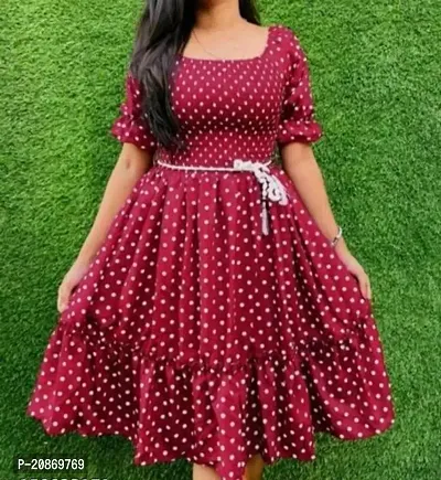 Classic Red Crepe Polka Dotted Dress For Women