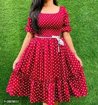 Classic Red Crepe Polka Dotted Dress for Women-thumb0